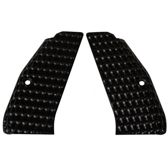 The CZ-USA 97 Grips Honeycomb Solid Black are two black, textured grips with a honeycomb design. These panels are symmetrical, each with a small hole near the center for mounting.