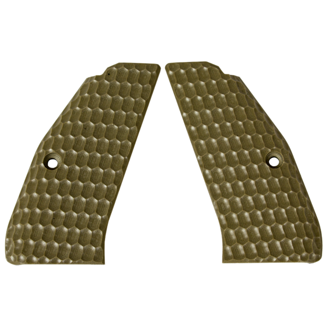 The CZ-USA 97 grips with a honeycomb pattern, resembling handle grips, have recessed holes near the center edge of each piece. They are solid tan in color and placed side by side, with edges facing inward.
