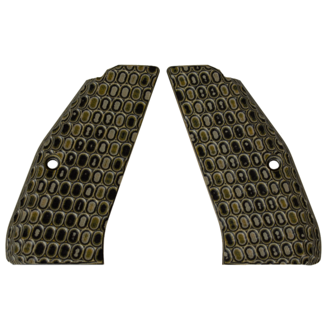 The CZ-USA 97 Grips Honeycomb Tan/Black feature two textured, patterned grips with a scale-like design of oval shapes in tan and black tones. They have holes for attachment and are designed to mirror each other, perfectly complementing the aesthetics of t