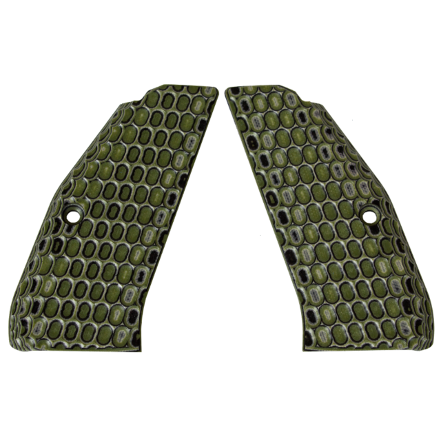 A pair of textured honeycomb-patterned panels in green and black, each with holes, form the CZ-USA 97 Grips. These mirror image pieces create a symmetrical design echoing the craftsmanship typical of CZ-USA.