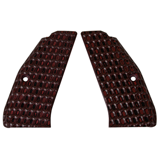 The CZ-USA 97 GRIPS HONEYCOMB RED/BLACK feature two wooden grip panels with a honeycomb ovoid pattern, positioned side by side. Each panel is designed with a round hole near the center, and the dark red finish brings out the intricate design, offering an