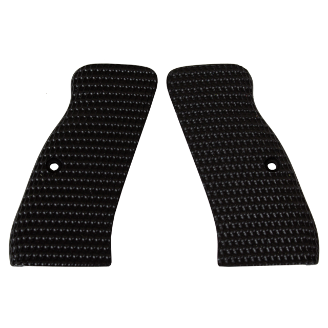 The CZ-USA 97 GRIPS OVALS SOLID BLACK feature two textured grip panels designed for a handgun, showcasing a checkered pattern with ovals. Each panel is equipped with a hole for easy attachment to the firearm.