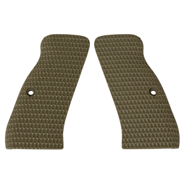 The CZ-USA 97 Grips Ovals Solid Tan are precisely crafted for CZ-USA equipment, featuring a honeycomb pattern and attachment holes. These textured grip panels are designed to be placed on either side of a handle to offer enhanced stability.