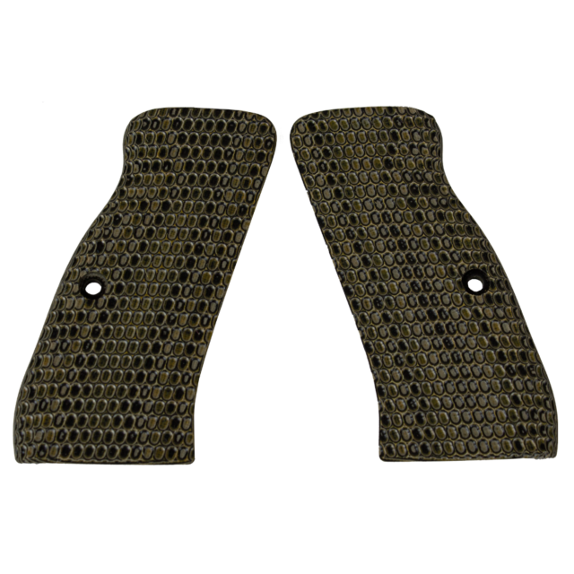 The CZ-USA 97 GRIPS OVALS TAN/BLACK feature two textured grip panels with an oval-shaped pattern and a small circular hole near one edge. The striking tan and black color contrast beautifully against a white background.