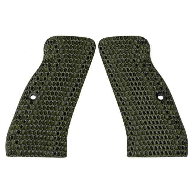 The CZ-USA 97 GRIPS OVALS in green and black feature two textured grip panels with hexagonal patterns, each having two screw holes and a curved design, indicating they are designed to fit a handle or tool.