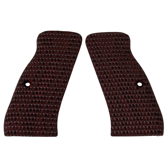 Two dark red and black 97 grips, textured with an oval grid pattern reminiscent of CZ-USA craftsmanship, are placed side by side against a plain background. Each grip features a central hole for attaching to a firearm.