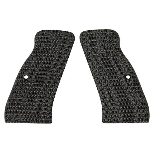 A pair of CZ-USA 97 Grips Ovals Grey/Black grips, featuring textured grip panels with a grid-like pattern of small oval indentations, are displayed side by side on a white background. Each indentation includes a hole for secure attachment.