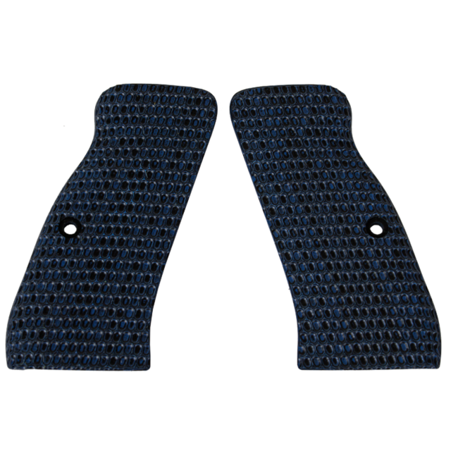 The product CZ-USA 97 GRIPS OVALS BLUE/BLACK consists of two mirrored grip panels, designed with a honeycomb texture and curved edges, featuring a visible hole near the bottom center. The blue and black grips are displayed side by side on a plain white ba