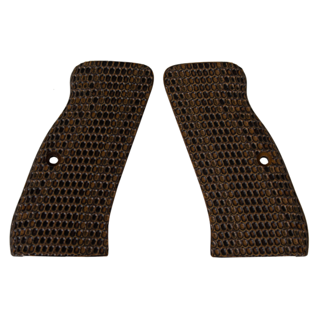 The product, CZ-USA 97 GRIPS OVALS ORANGE/BLACK, consists of two brown-textured grips placed next to each other, each with a row of holes for easy attachment. Their surface has a checkered pattern that enhances their rugged appearance, featuring subtle hi