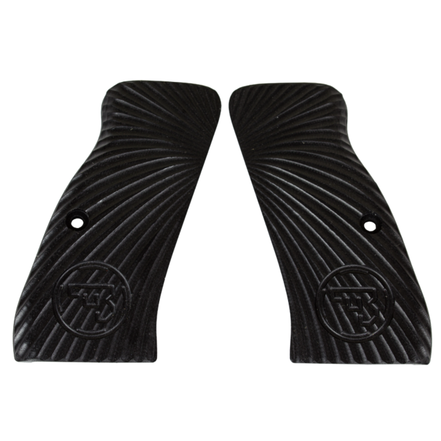 The CZ-USA 97 Grips Burst Solid Black boast a spiral design with an embossed logo at the bottom, making them ideal for CZ-USA 97 models. They include pre-drilled holes to facilitate easy mounting.