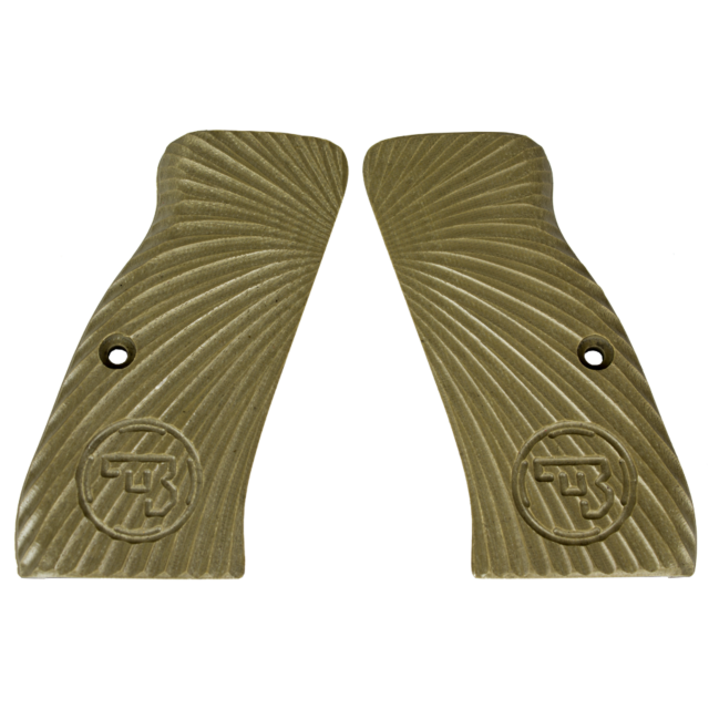 These CZ-USA 97 GRIPS BURST SOLID TAN feature a distinctive outward swirling pattern with a single hole near the center, adorned with circular logo designs in the bottom corners. Designed in a solid tan color, these grips provide both style and functional