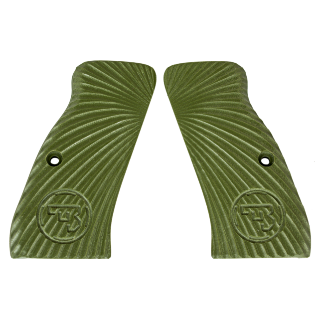 The CZ-USA 97 Grips Burst Solid Green feature two textured grips made of solid green plastic, adorned with spiral patterns and round logos showcasing stylized letters. Each grip is specifically designed to fit a CZ-USA handgun, including an attachment hol