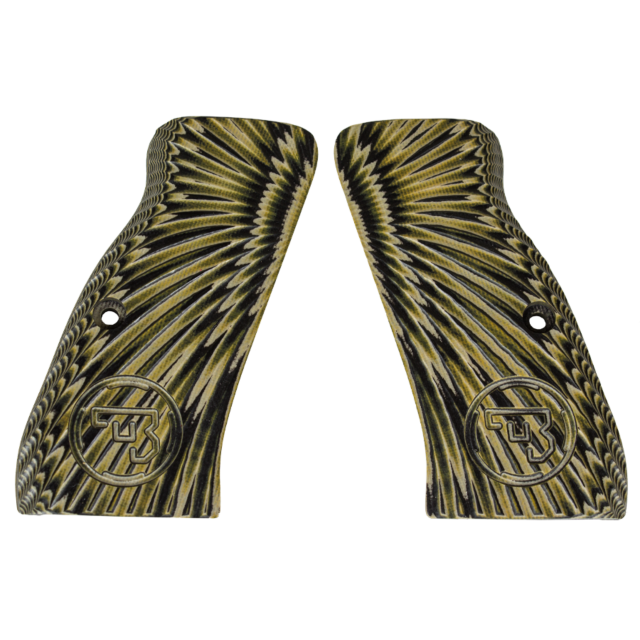 The CZ-USA 97 Grips in Burst Tan/Black showcase an intricate design with tan and black tones arranged in a radial pattern. Each grip prominently features a circular CZ-USA logo with overlapping letters, and the textured appearance is enhanced by grooves e