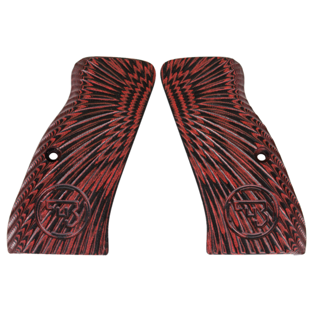 The CZ-USA 97 Grips in burst red/black feature an intricate starburst pattern and a circular logo with initials. Each grip includes an attachment hole and grooves for enhanced grip, showcasing beautiful design and functionality.