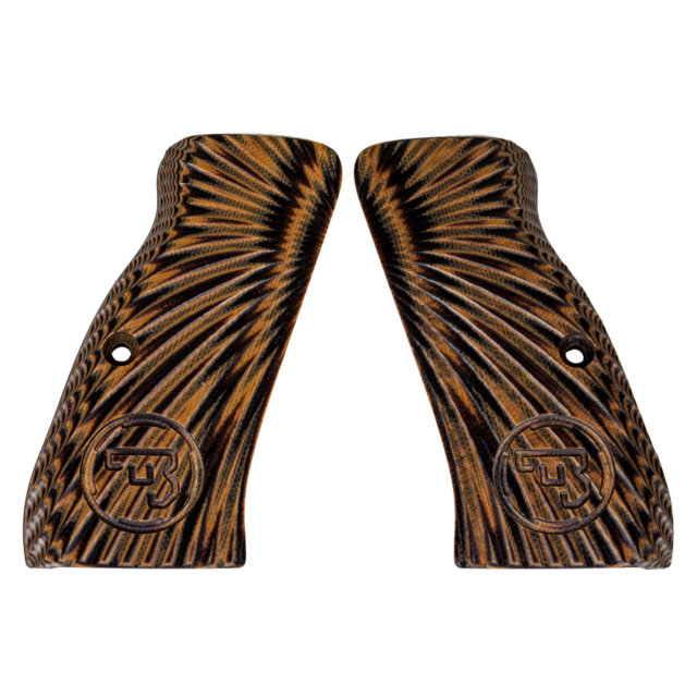 The CZ-USA 97 GRIPS BURST ORANGE/BLACK feature two textured brown grip panels with a spiraling burst of orange and black pattern. They include a circular logo at the bottom showcasing a stylized "TR" design and have mounting holes for a dynamic and visual