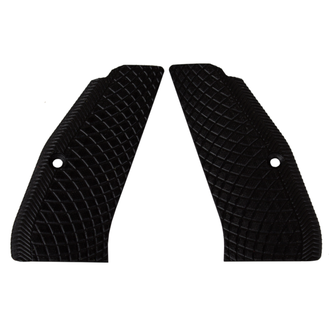 A pair of solid black grips for the CZ-USA 97, featuring a diamond snakeskin pattern with screw holes for easy attachment. These symmetrical grips are showcased against a plain background.