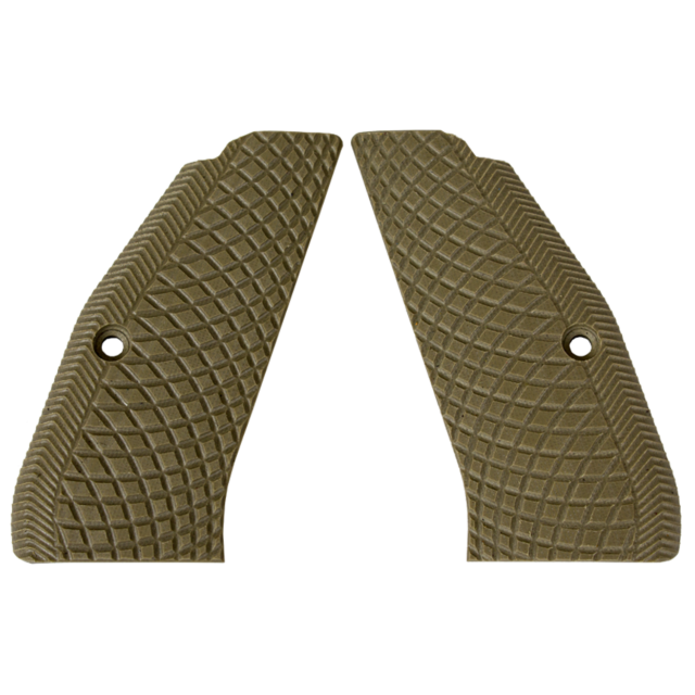 Grips with a solid tan snakeskin pattern, featuring a textured appearance and single hole in each panel, are artfully displayed side by side against a plain white background.