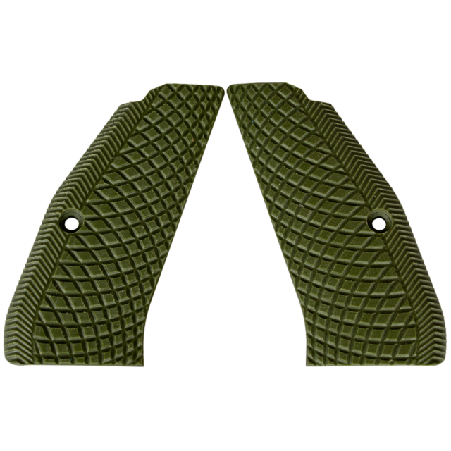 A pair of CZ-USA 97 grips in solid green, featuring a snakeskin pattern designed for a handle or similar object. Each grip has an attachment hole, and placed side by side, they form a symmetrical shape that highlights their distinctive texture.