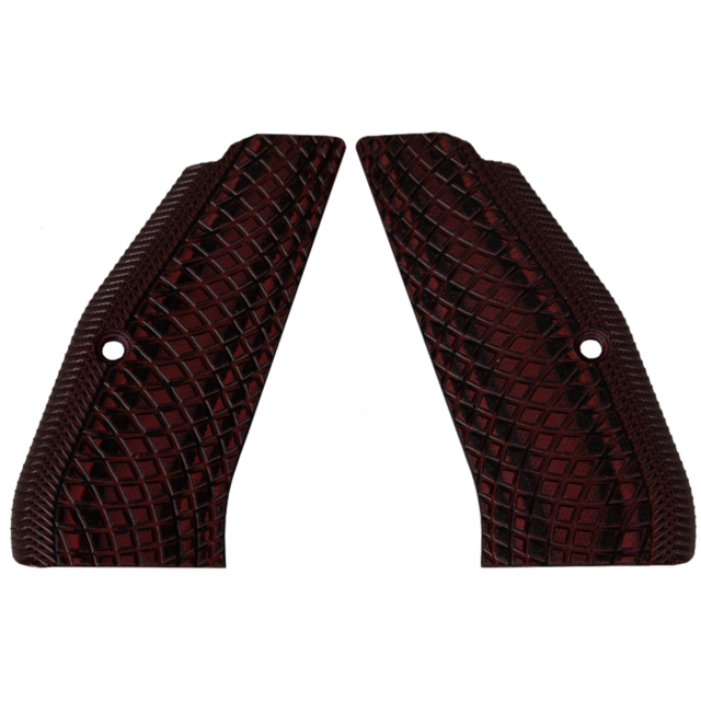 Set against a white background, the CZ-USA 97 Grips Snakeskin Red/Black exhibit a textured snakeskin pattern in red and black. These symmetrical grips feature small circular holes near the top center of each piece.