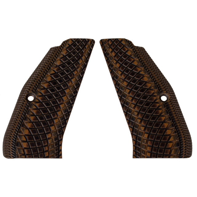 A set of CZ-USA 97 grips in textured dark brown, exhibiting a woven pattern, designed for a CZ-USA firearm. Each grip includes a small circular hole near the top and showcases a three-dimensional, diamond-shaped lattice design that reflects the snakeskin