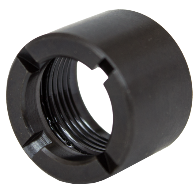 A close-up of the EVO PISTOL THREAD PROTECTOR reveals its black cylindrical metal design featuring internal grooves similar to a threaded cap or thread protector. The exterior boasts a smooth finish that contrasts with the precision-crafted notches along