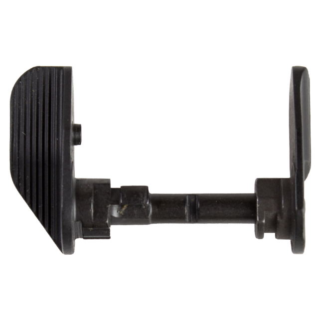Close-up image of a black metal component from the SAFETY SET SHADOW 2 EXTENDED LEFT AND FLAT RIGHT, showcasing two ribbed, lever-like structures on either side, connected by a central rod. This safety set seems to be part of a mechanical or firearm mecha