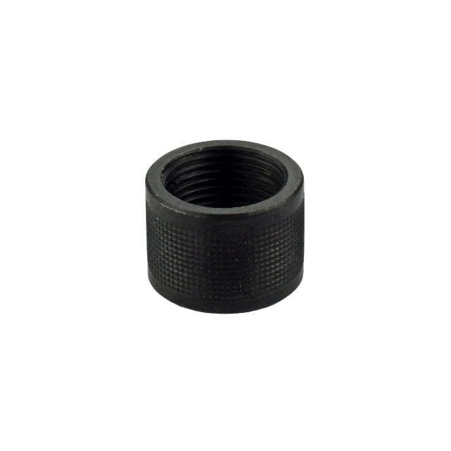 The THREAD PROTECTOR 1/2X28 AMERICAN is a black metal knurled nut designed with a 1/2x28 threaded interior, ideal for securing components or acting as a thread protector in mechanical or electronic devices. Its cylindrical shape features a textured surfac