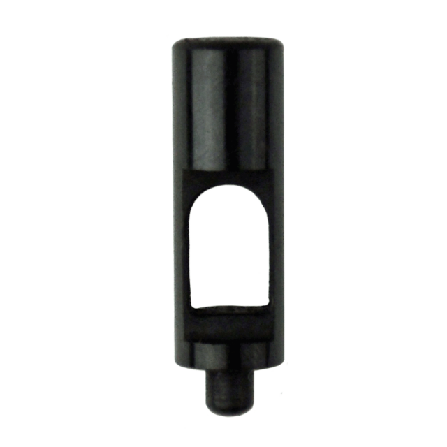 Product Name: A 455 STRIKER SPRING SUPPORT is a black cylindrical mechanical component featuring an open rectangular section in the middle and a protruding round tip at the bottom, designed to function as a striker for precise applications.