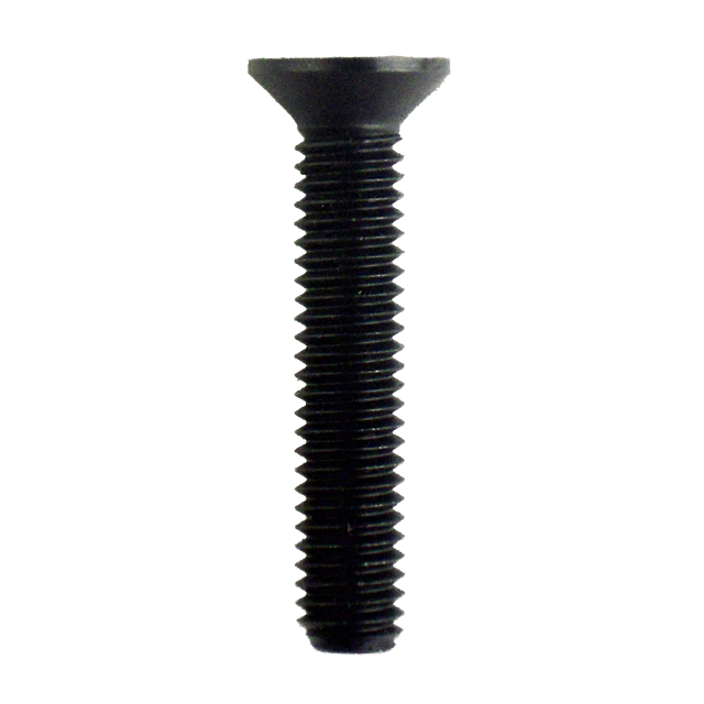 Close-up of the 455 FRONT ACTION SCREW, showcasing its black metal construction with a flat, countersunk head and threaded shaft against a plain white background.
