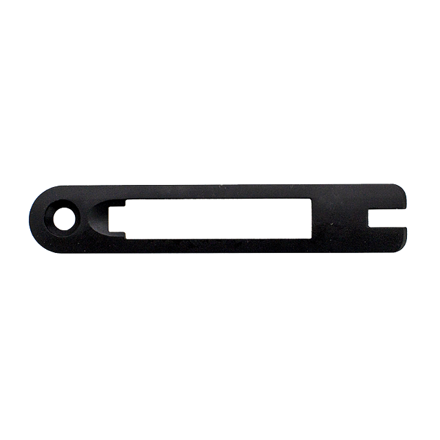 Introducing the 457 Magazine Frame: a sleek black metal bottle opener featuring a keyhole and notched edge, with an elongated shape reminiscent of its namesake. It also includes a rectangular cutout in the center for easy grip when removing bottle caps.