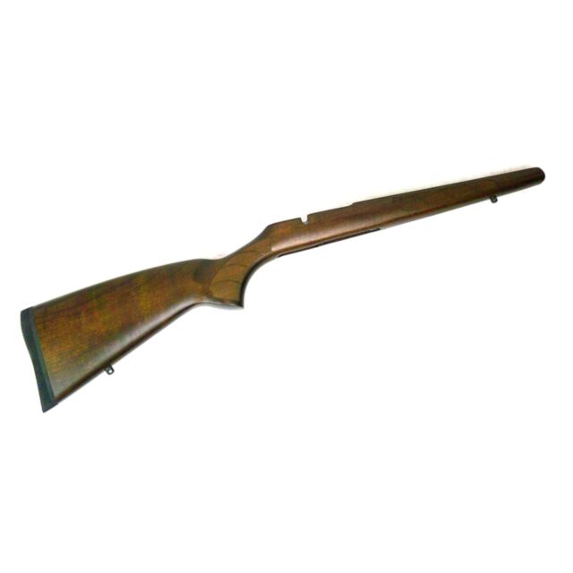 The CZ 457 STOCK LUX LAQ is a wooden rifle stock with a grooved grip and rubber recoil pad, displayed on a white background.