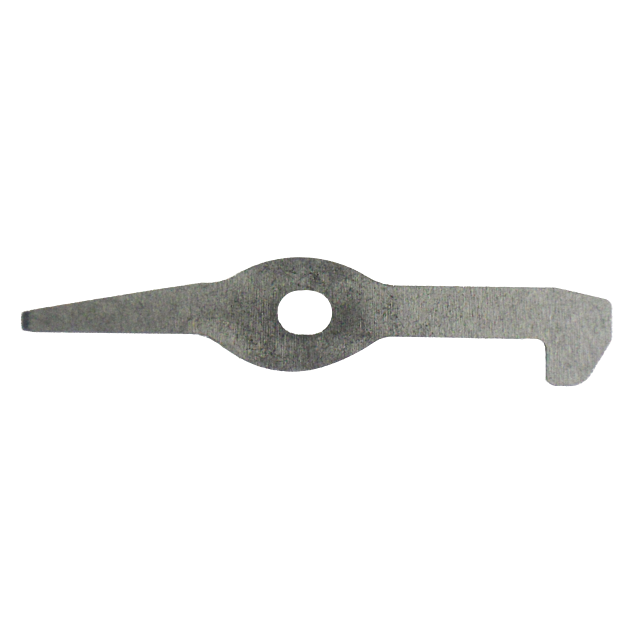 The 512 FIRING PIN 22LR/22WMR is a flat, metallic object featuring an ovular center with two extending arms—one tapered and the other hooked. Its center contains a circular hole designed for the firing pin, and the surface has a textured gray appearance.