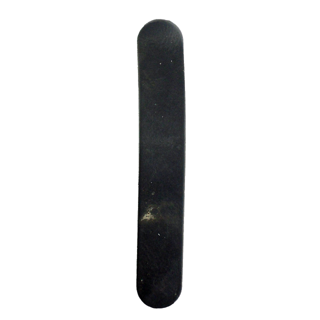 A REAR SIGHT LEAF SPRING 452/455/457 snowboard in black, featuring a sleek and narrow design, displays signs of use with scuffs and scratches similar to a well-used rear sight. It is positioned upright against a plain white background.