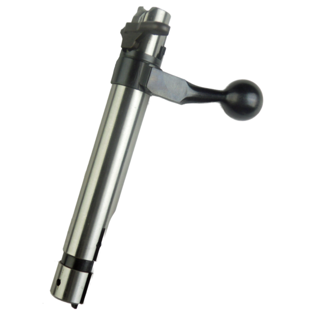 A completely assembled metal rifle bolt with a cylindrical shape and a black handle, crafted for precision in models like the BOLT COMPLETE 452 LEFT HAND 22WMR/17HMR.