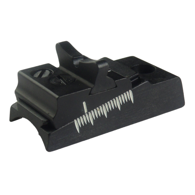 Close-up of the REAR SIGHT 455/512 LPA for a firearm, shown here in black with adjustable features. It has fine serrations on its rear face to minimize glare and includes a movable notch for precise alignment to enhance accuracy.