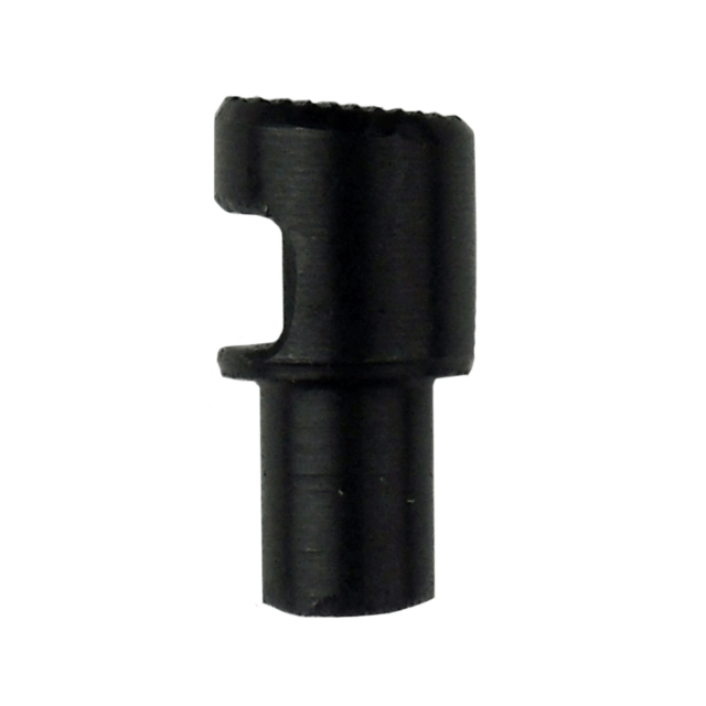 The 550 BOLT HEAD PUSH BUTTON is a black cylindrical plastic component, resembling a bolt head with a hollow center and flat top. It includes a notch on one side and has a slightly tapered base for precise placement.