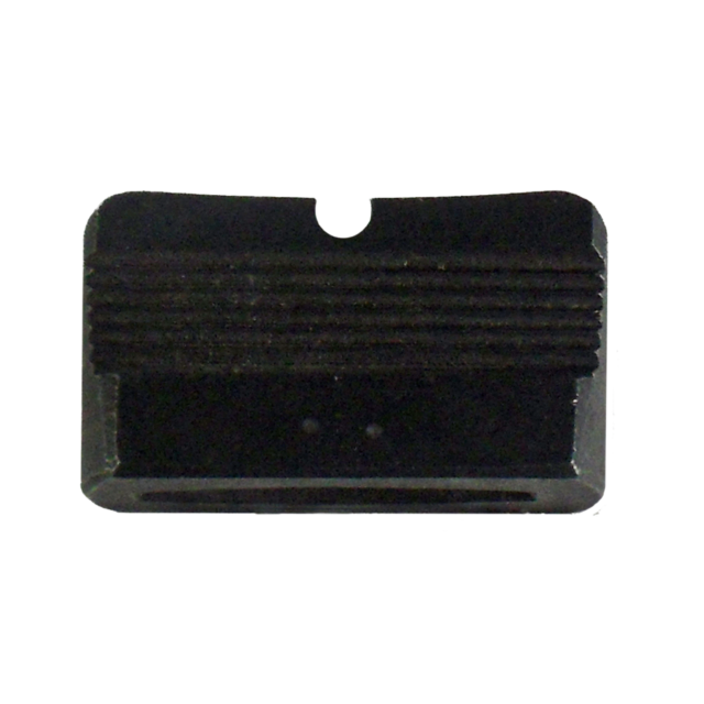 Close-up of a REAR SIGHT 527 #1 metal razor blade showcasing a grooved design on the upper portion and a precise straight edge on the lower part. The product starkly contrasts against the white background.