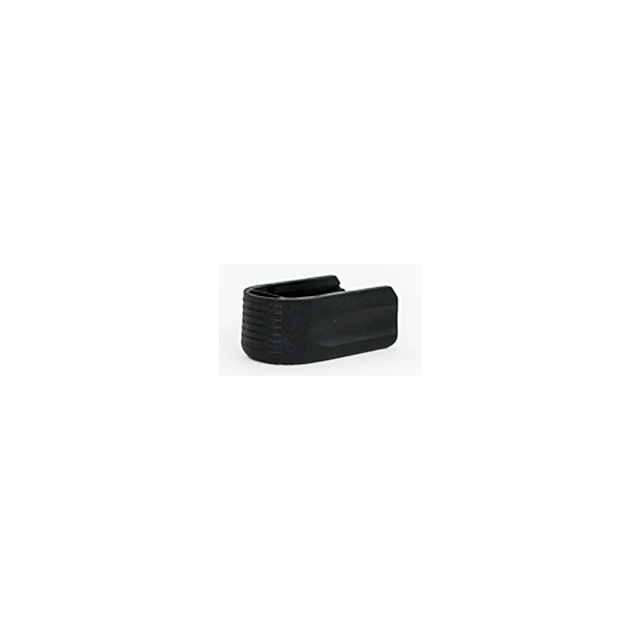 A compact black plastic base pad with rounded edges and ribbed texture, shown on a plain light background—perfect for upgrading P-09 or P-10 magazines. Product: PLASTIC MAGAZINE +2 BASE PAD P-09 P-10.