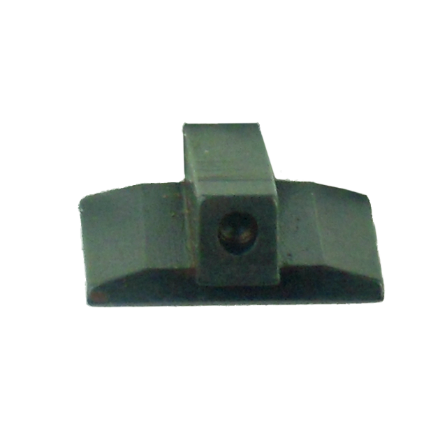 A close-up view of the CZUB FRONT SIGHT RAMI #1, crafted from dark metal and designed as a firearm sight component. This piece features a central hole and angular edges, set against a white background.