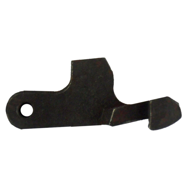 A metal component with a rusty, irregular shape features a hole at one end and a curved hook on the other, reminiscent of something from the SEAR 550 MAGNUM. Its dark brown and black colors indicate signs of oxidation or wear.