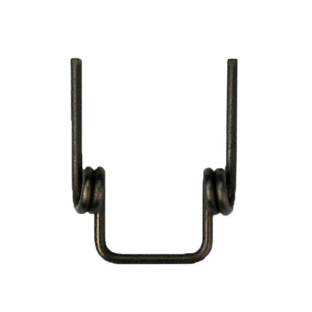The 550 BATTUE STYLE MAG CATCH SPRING is a metal clip featuring a U-shaped design and coiled ends on either side, resembling a mag catch. This elegant accessory in dark metal is showcased against a plain white background.