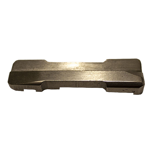 Product Name: 557 FIXED MAGAZINE FOLLOWER - A rectangular metal piece with a notched design, featuring a side view. The surface is smooth and polished, boasting the sleek precision typical of a magazine follower.