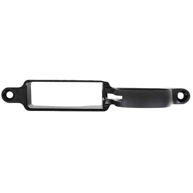 The TRIGGER GUARD 557 is expertly crafted from black plastic to securely hold components in place. It features a rectangular opening, two mounting holes, and a circular extension on the right side for stable and secure fitting.