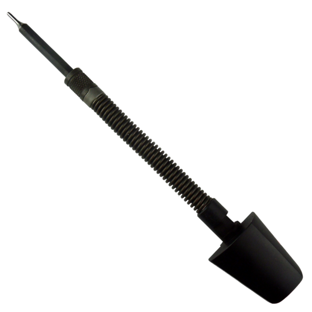 A black soldering iron with a tapered metal tip and ribbed grip handle ensures precision, making it ideal for electronic soldering and assembly tasks. This tool boasts sleek black housing, an insulated cord attachment, and offers reliability comparable to