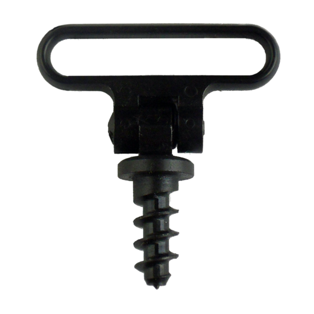 Close-up of the SLING SWIVEL EUROPEAN, featuring a black metal design with an oval-shaped loop on top and a screw-in threaded base. Its practical design is favored for securely attaching European-style rifle slings, while the plain white background elegan