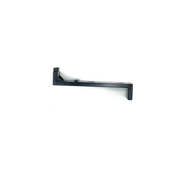 Against a white background, the CZ 600 WOODEN STOCK INSERT LUG, a sleek black L-shaped bracket, is displayed. It has a cylindrical peg at one end and extends horizontally at the other. Its smooth surface suggests it's made from plastic or metal with an in