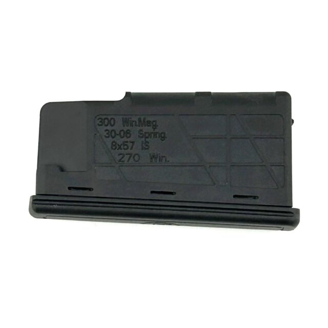 A CZ MAG 600 magazine, compatible with calibers such as 300 Win Mag, 30-06 Sprg, 8x57 IS, and 270 Win, is black with engraved text. The magazine is flat and rectangular, displayed on a plain white background.