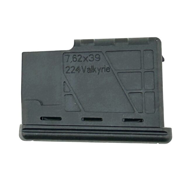 A CZ MAG 600 magazine, compatible with 7.62x39 and .224 Valkyrie, featuring a black rectangular design with the product name engraved on its side and three horizontal slots near the base.