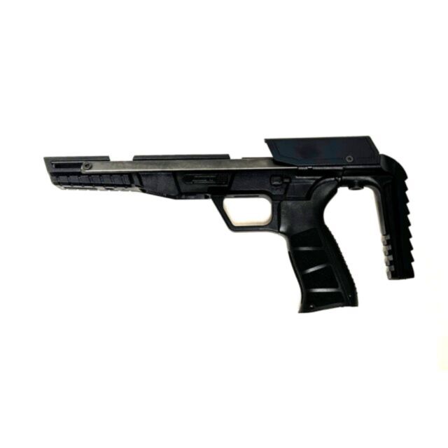 A CZ 600 Trail chassis 223 REM in black polymer with a tactical rail and grip, isolated on a white background.