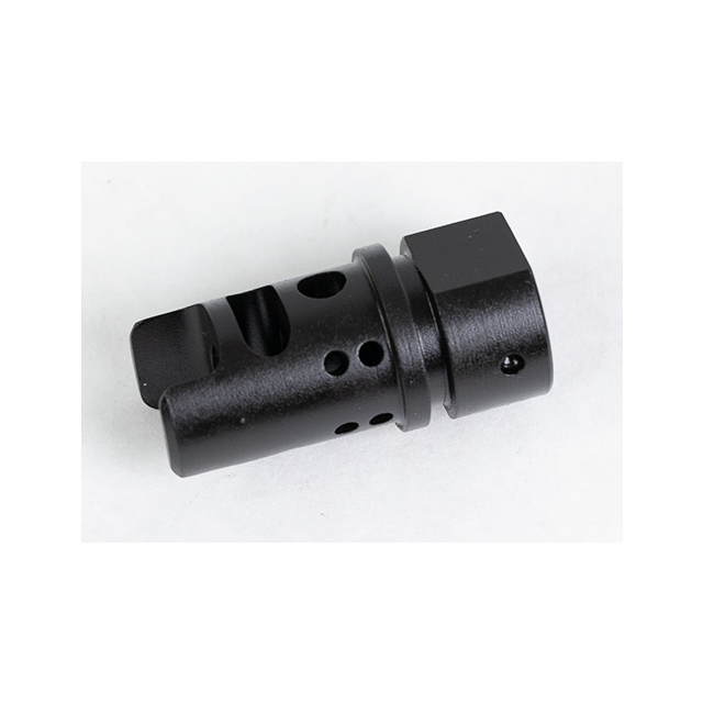 A close-up image of the COMPENSATOR 5/8x24 30cal, crafted from black metal with several circular holes and a rectangular attachment end, designed for gunsmith installation, lying on a white surface.